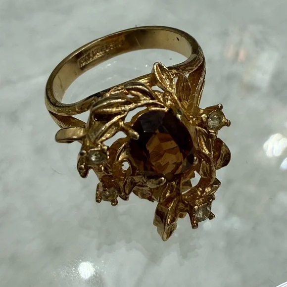 Vintage Floral Smoky Topaz Rhinestone Ring Gold Tone 18K HGE - Picture 15 of 15